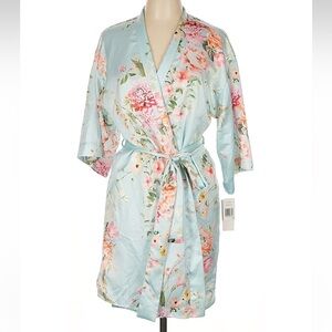 Flora Nikrooz Blue Floral Satin Robe - Size L/XL - NWT - Perfect Valentines Gift